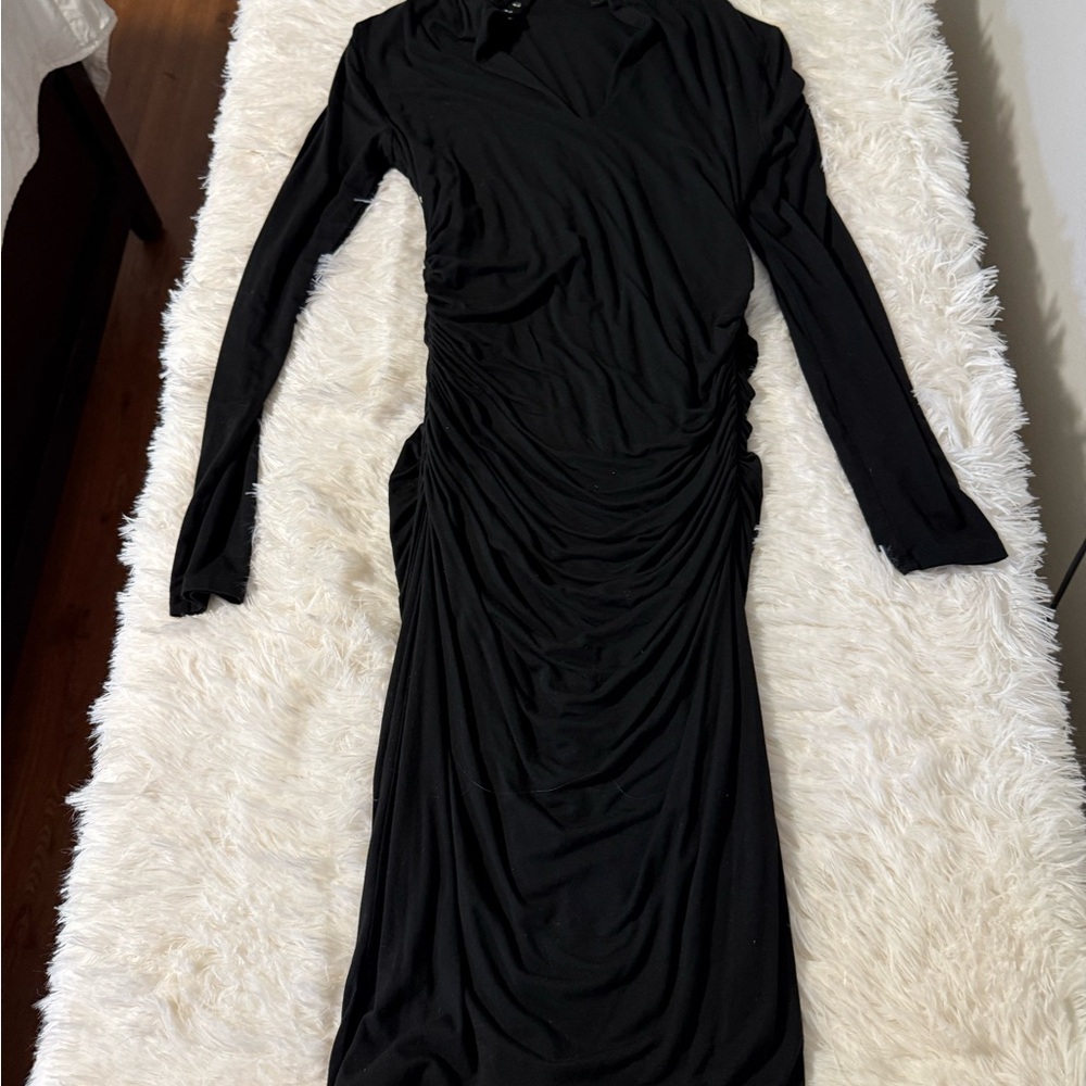 White House Black Market Black Ruched Long Sleeve Dress